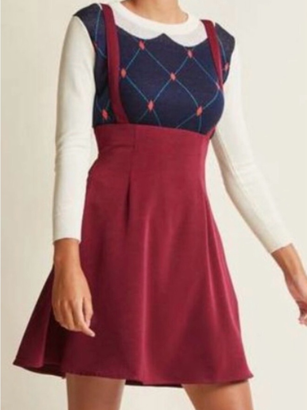 ModCloth Overall Winner Jumper in Wine skirt Burgundy Suspender A-Line Dress